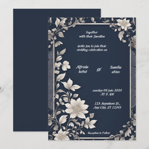 Invitation Mariage floral d'ivoire élégant bleu marine et arg