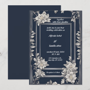 Invitation Mariage floral d'ivoire élégant bleu marine et arg
