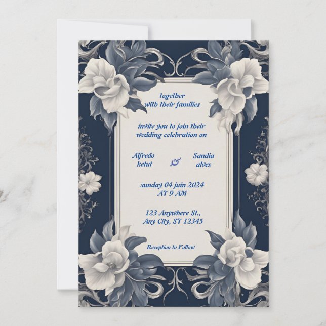 Invitation Mariage floral d'ivoire élégant bleu marine et arg (Devant)