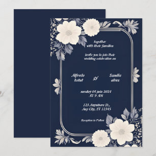 Invitation Mariage floral d'ivoire élégant bleu marine et arg