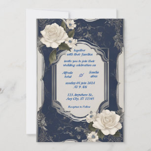 Invitation Mariage floral d'ivoire élégant bleu marine et arg