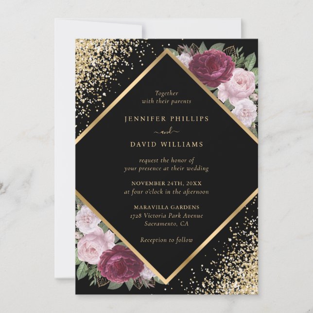 Invitation Mariage floral d'or bleu bordeaux géométrique (Devant)