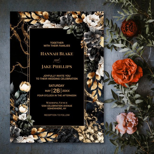 Invitation Mariage Floral d'or noir (Créateur téléchargé)