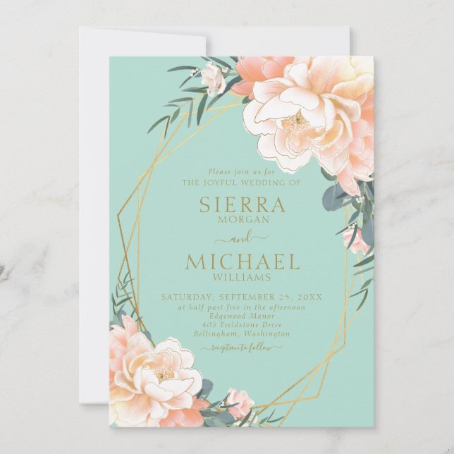 Invitation Mariage floral doré à la crème verte à la menthe (Devant)