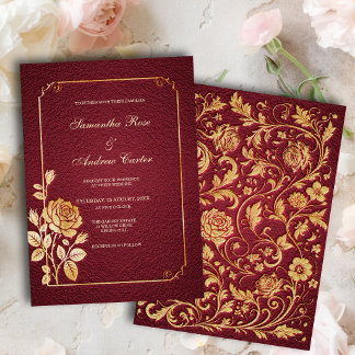Invitation Mariage floral doré à relief Merlot foncé