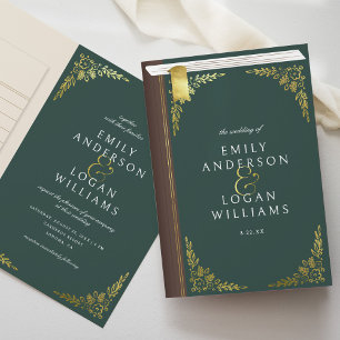 Invitation Mariage Floral Doré Livre Vert Ancien Plié