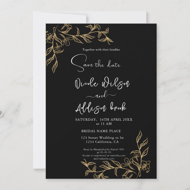 Invitation Mariage floral doré noir (Devant)