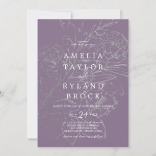 Invitation Mariage floral doré violet et argenté