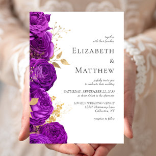 Invitation Mariage Floral Doré Violet Romantique