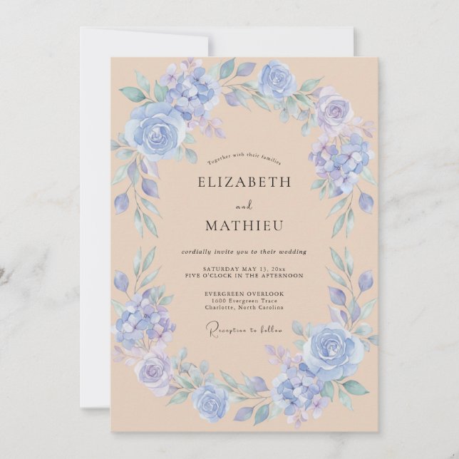 Invitation Mariage Floral Douce Bleu (Devant)