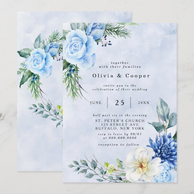 Invitation Mariage floral Dusty Blue Navy (Devant / Derrière)