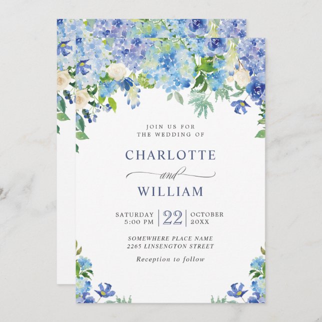 Invitation Mariage Floral Élégant Aquarelle Hydrangea Bleu (Devant / Derrière)