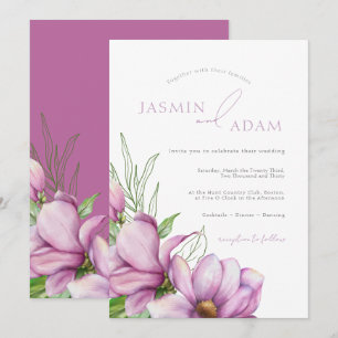 Invitation Mariage Floral Élégant aux Magnolias Violets