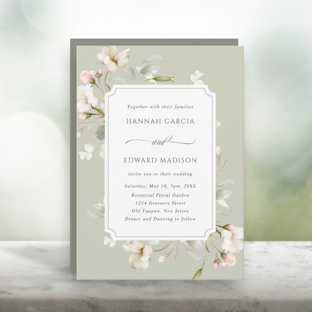 Invitation Mariage floral élégant blanc Sage (Créateur téléchargé)