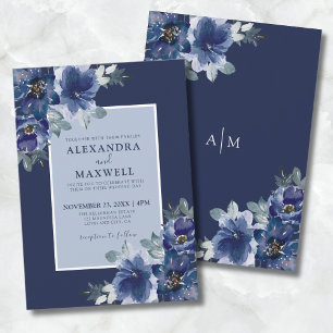 Invitation Mariage Floral Élégant Bleu à l'Aquarelle Botaniqu