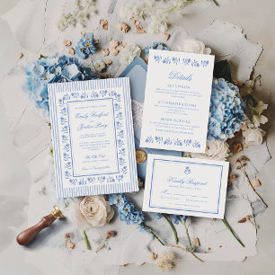 Invitation Mariage Floral Élégant Bleu et Blanc