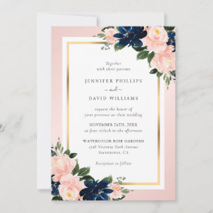 Invitation Mariage floral élégant bleu marine or rose poudrée