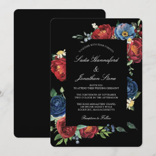 Invitation Mariage Floral Élégant Bleu Nuit Bourgogne Rouge