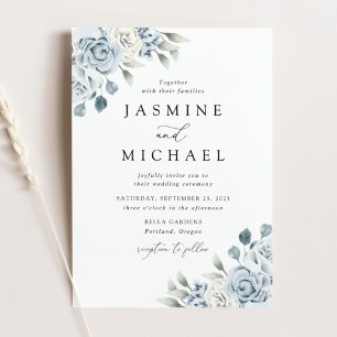 Invitation Mariage Floral Élégant Bleu Poussiéreux