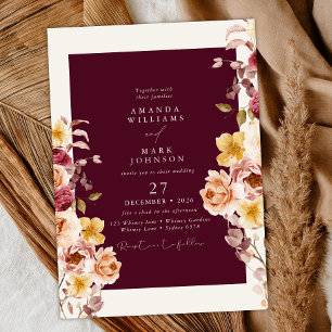 Invitation Mariage Floral Élégant Bourgogne Profond Romantiqu