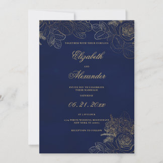 Invitation Mariage floral élégant classique bleu marine or