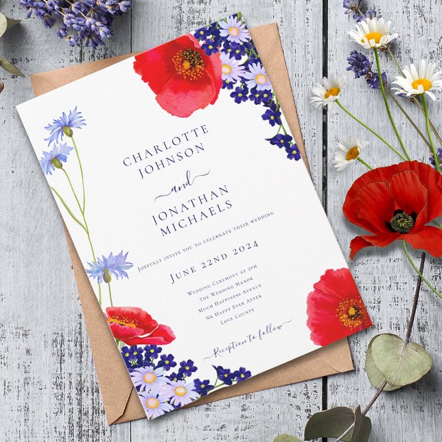 Invitation Mariage floral Élégant été de la marine moderne bl (Modern wildflower floral navy blue and red wedding invitation )