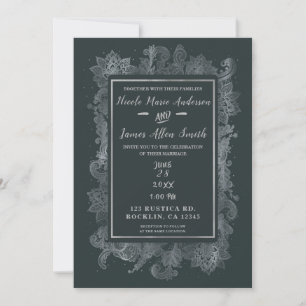 Invitation Mariage floral élégant gris et argenté brillant