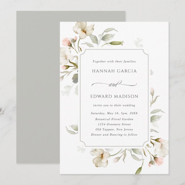 Invitation Mariage floral élégant Gris Gris Blanc (Devant / Derrière)