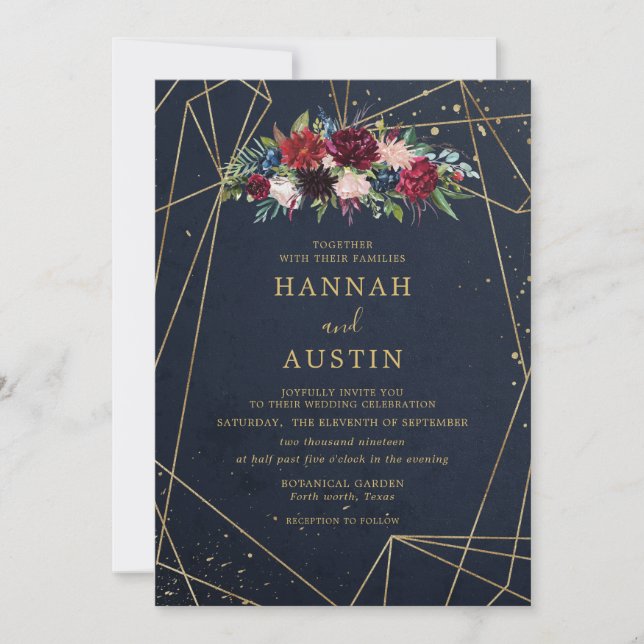 Invitation Mariage floral élegant marine et or (Devant)