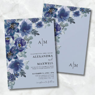 Invitation Mariage Floral Élégant Moderne Bleu Poussiéreux