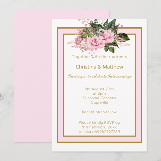 INVITATION MARIAGE FLORAL ÉLÉGANT MODERNE ROSE OR BLANC (Devant / Derrière)
