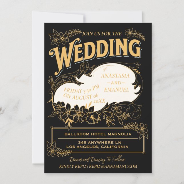 Invitation Mariage floral élégant noir et or (Devant)