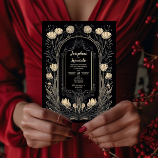 Invitation Mariage floral élégant noir et or Art Nouveau