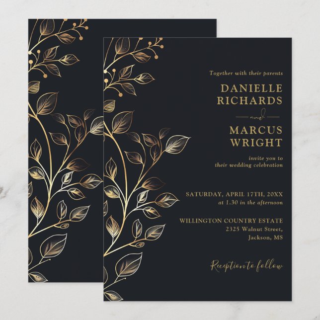 Invitation Mariage Floral Élégant Noir Or Moderne (Devant / Derrière)