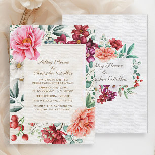 Invitation Mariage Floral Élégant Rose Bourgogne Corail