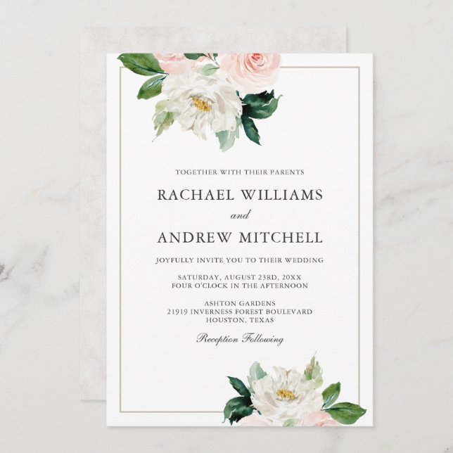 Invitation Mariage floral élégant rose et blanc (Devant / Derrière)