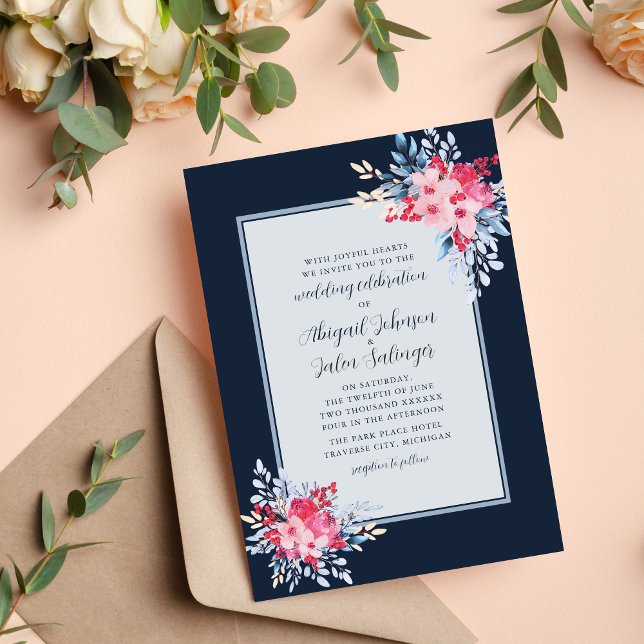 Invitation Mariage Floral Élégant Rose et Bleu Poussiéreux (Créateur téléchargé)