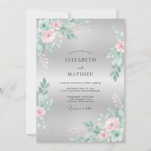 Invitation Mariage Floral Élégant Rose et Menthe