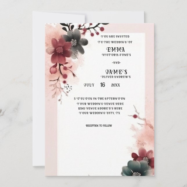 Invitation Mariage floral élégant rouge et crème (Devant)