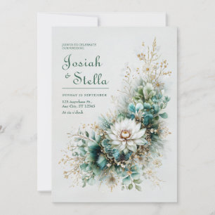 Invitation Mariage Floral Élégant Vert Sarcelle Or Blanc