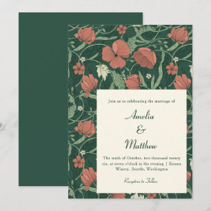 Invitation Mariage Floral Élégant Vintage Rustique Vert Rouge