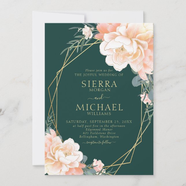 Invitation Mariage floral Emerald Green Blush Gold Peach (Devant)