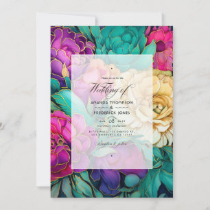 Invitation Mariage floral émeraude, rose vif et or