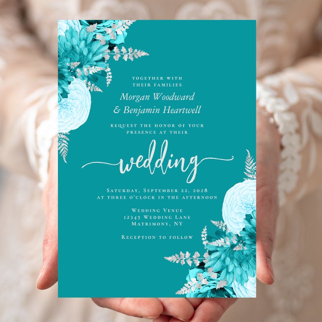 Invitation Mariage floral en argent Turquoise (Créateur téléchargé)