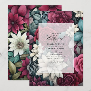 Invitation Mariage floral en Bourgogne, vert forêt et charbon