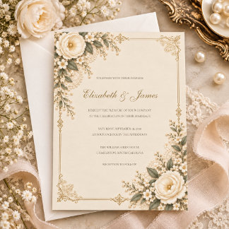 Invitation Mariage Floral en Dentelle Héritée d'Ivoire Antiqu