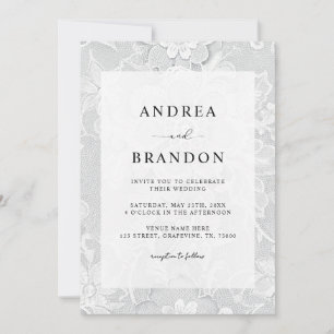 Invitation Mariage Floral en Dentelle Noir et Blanc Vintage