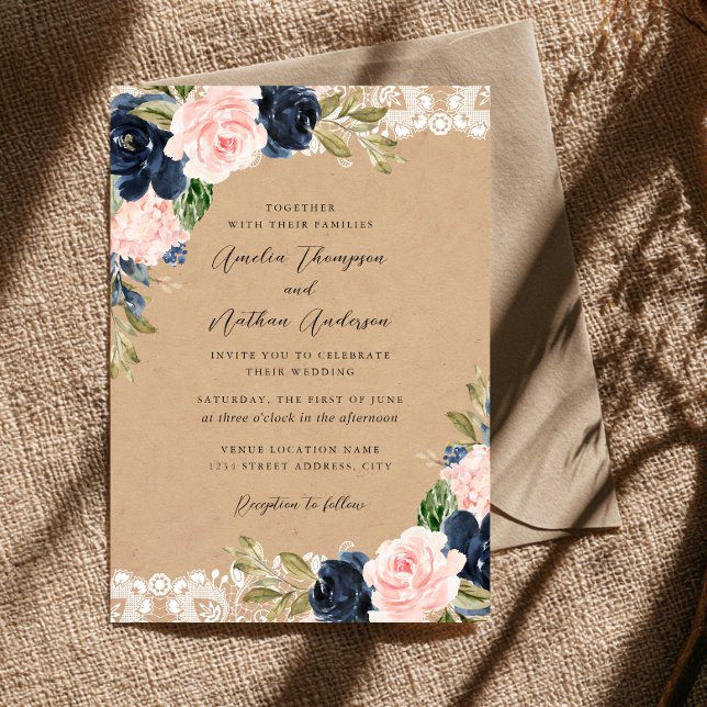 Invitation Mariage Floral en Dentelle Rose Navy Rustique (Créateur téléchargé)