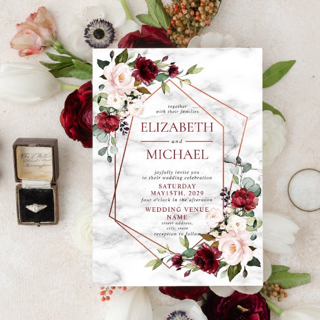 Invitation Mariage floral en marbre de cuivre géométrique Bou (Créateur téléchargé)