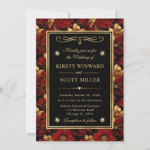 Invitation Mariage floral en marbre rouge noir et or